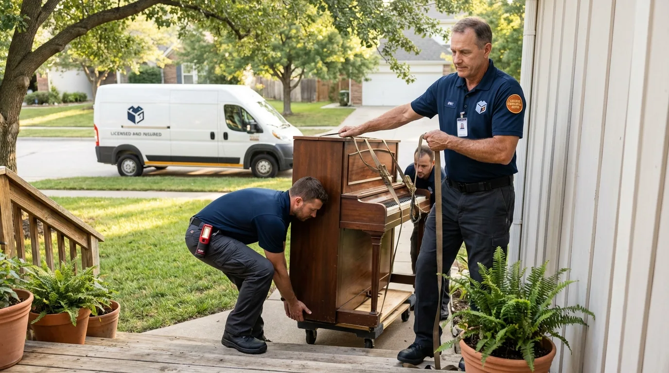 Licensed piano movers securing grand piano in Dierks, AR